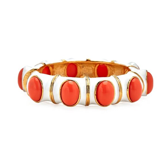 Kenneth Jay Lane, Enamel and Cabochon Hinged Bracelets, White/Coral